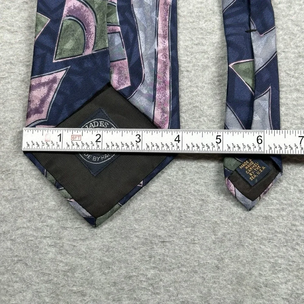 Vintage J.Blades & Co Mens Tie Silk Navy Purple Geometric Handmade USA 56x4